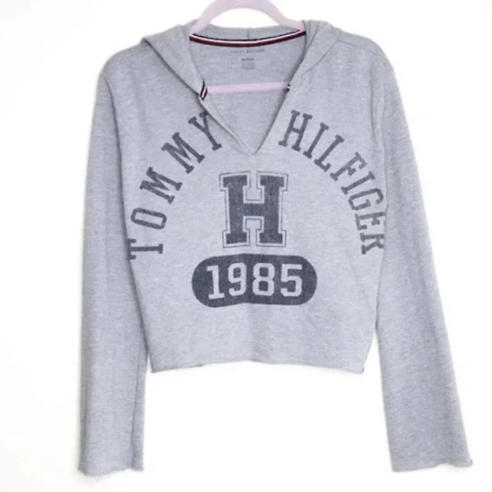 Tommy Hilfiger French‎ terry v-neck graphic cropped hoodie gray size Small